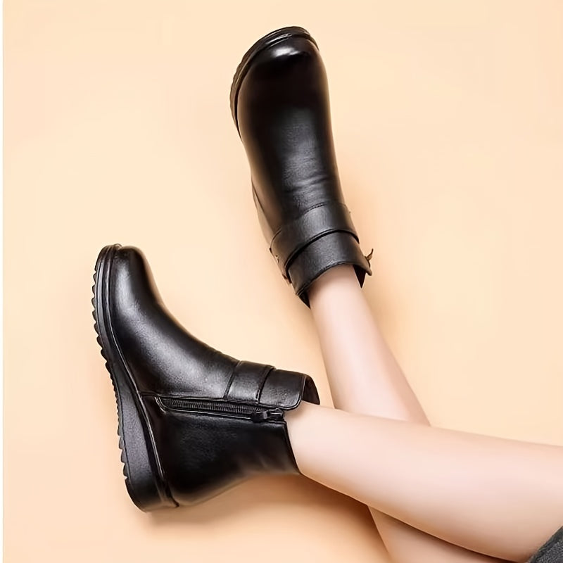 Women's Winter Ankle Boots, Buckle Strap Fleece Lined Flat Booties