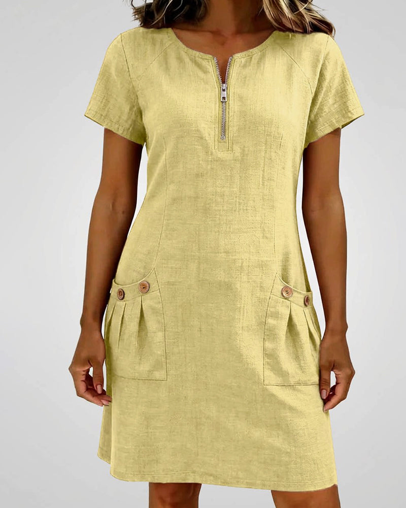 Women's Cotton Relaxed Dress with Front Zipper in Yellow