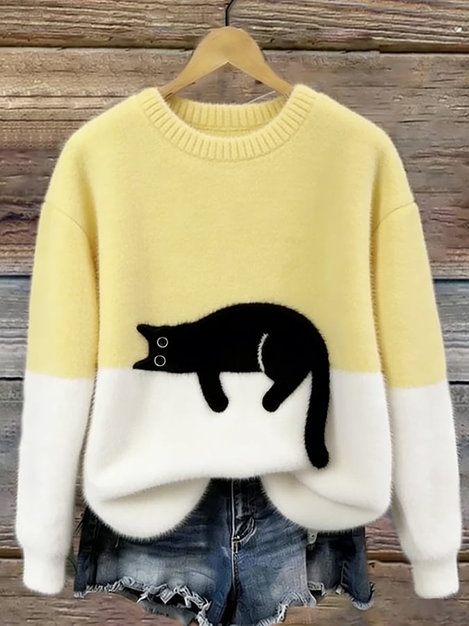 Women's Cotton-Blend Cat Graphic Pullover Sweater in Yellow