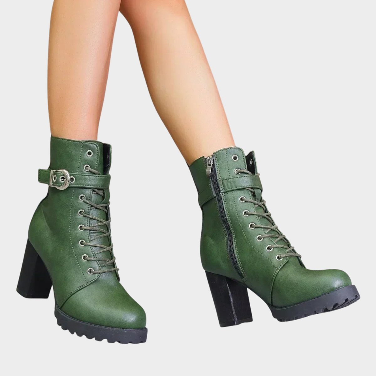 Women's Lug Sole Combat Ankle Boots with Metal Eyelets and Side Buckle, view 8