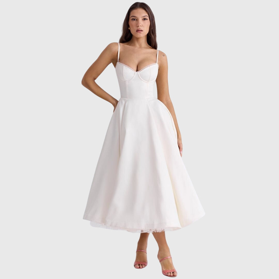 Women's Lined Maxi Dress with Pockets and Adjustable Straps in White