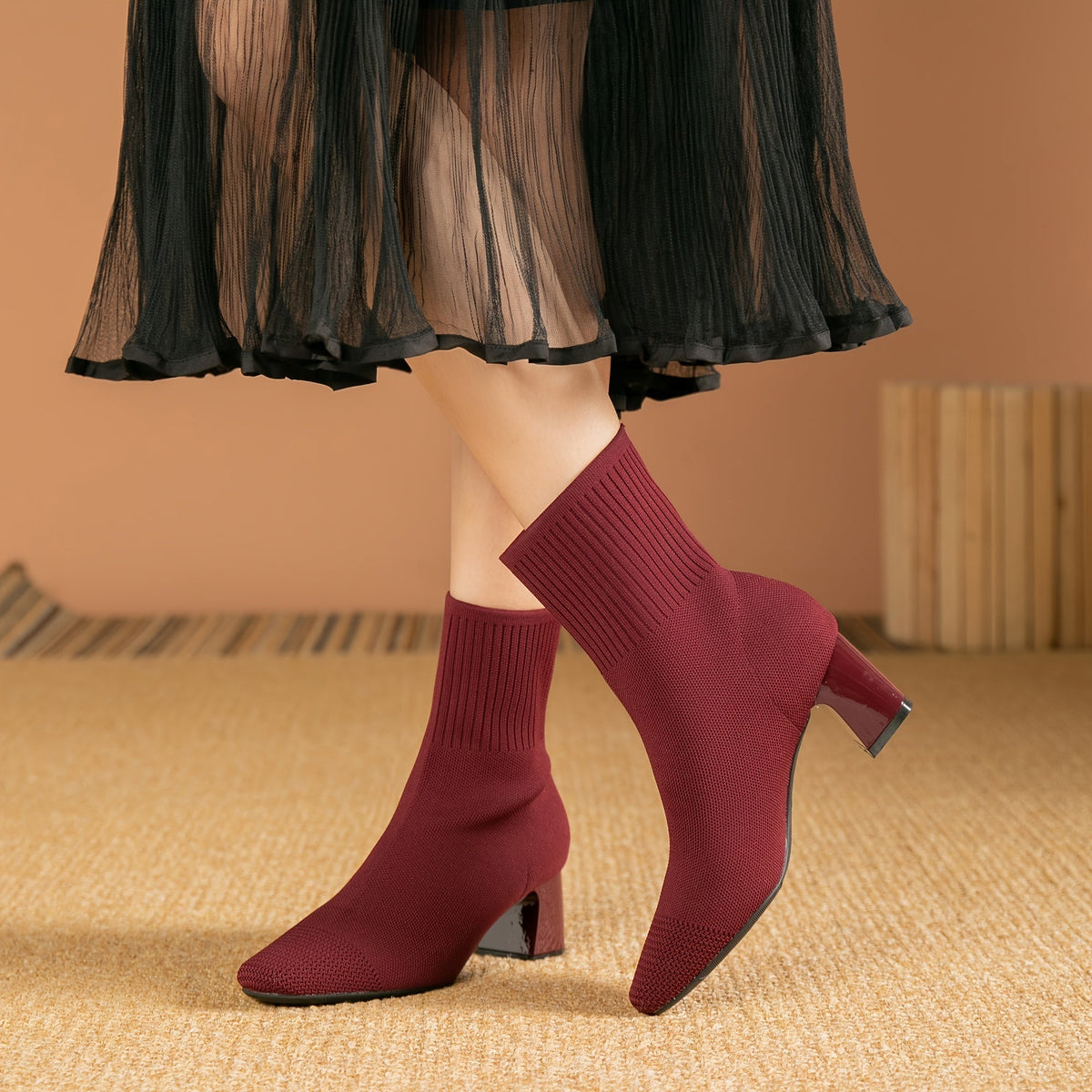 Women's Stretch Knit Sock Ankle Boots with Square Toe and Block Heel, view 7