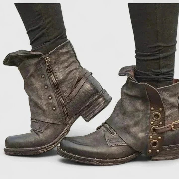 Women's Distressed Vintage Buckle Strap Ankle Boots with Rivets, view 2