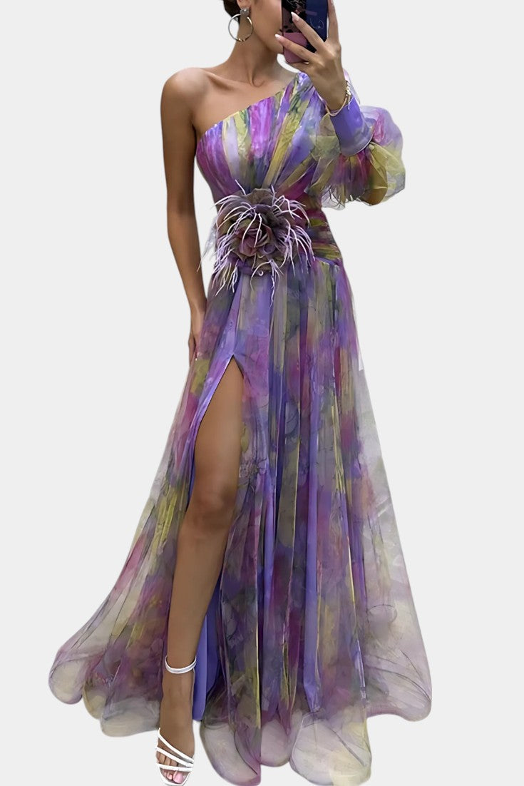 Women's One-Shoulder Maxi Gown with Draped Slit and Floral Applique, view 2