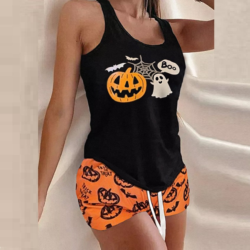Trick & Treat Pumpkin Ghost Halloween Pajamas | Tank & Shorts