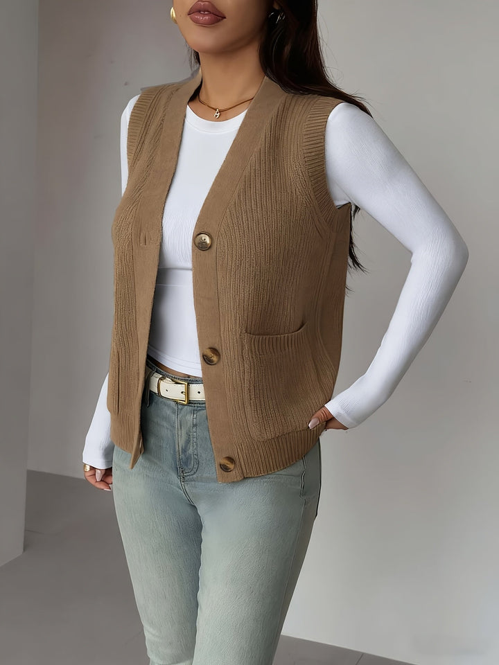 Women's Knit Vest, Button Front V Neck Sleeveless Sweater