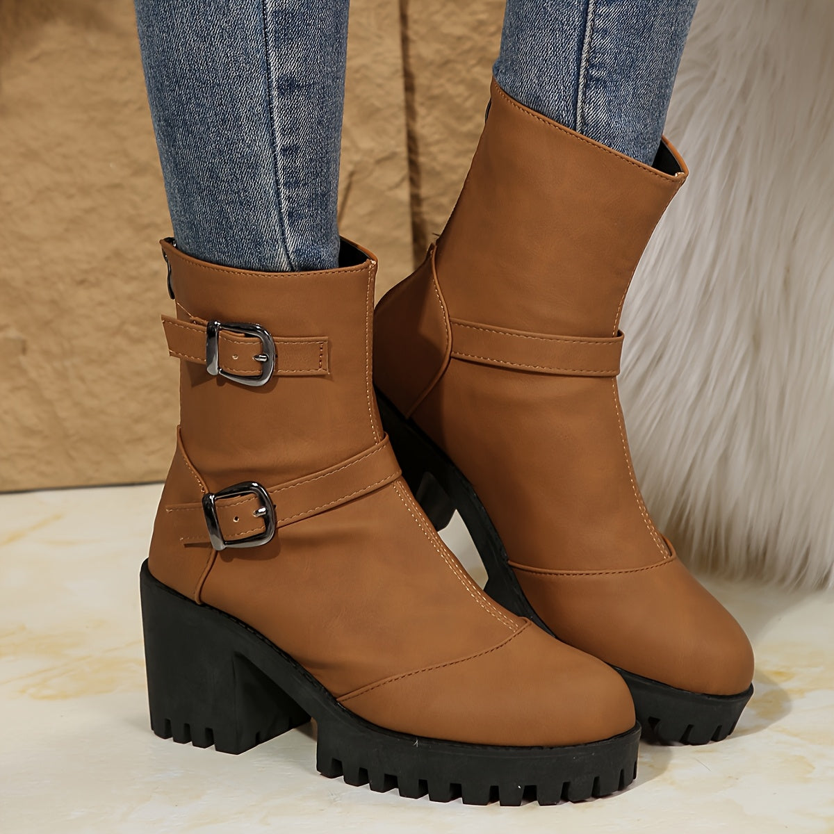 Women's Moto Double Buckle Strap Ankle Boots with Lug Sole in Brown