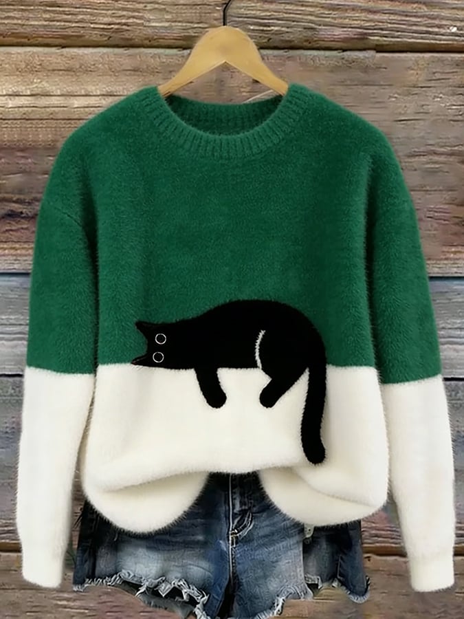 Women's Cotton-Blend Cat Graphic Pullover Sweater in Green