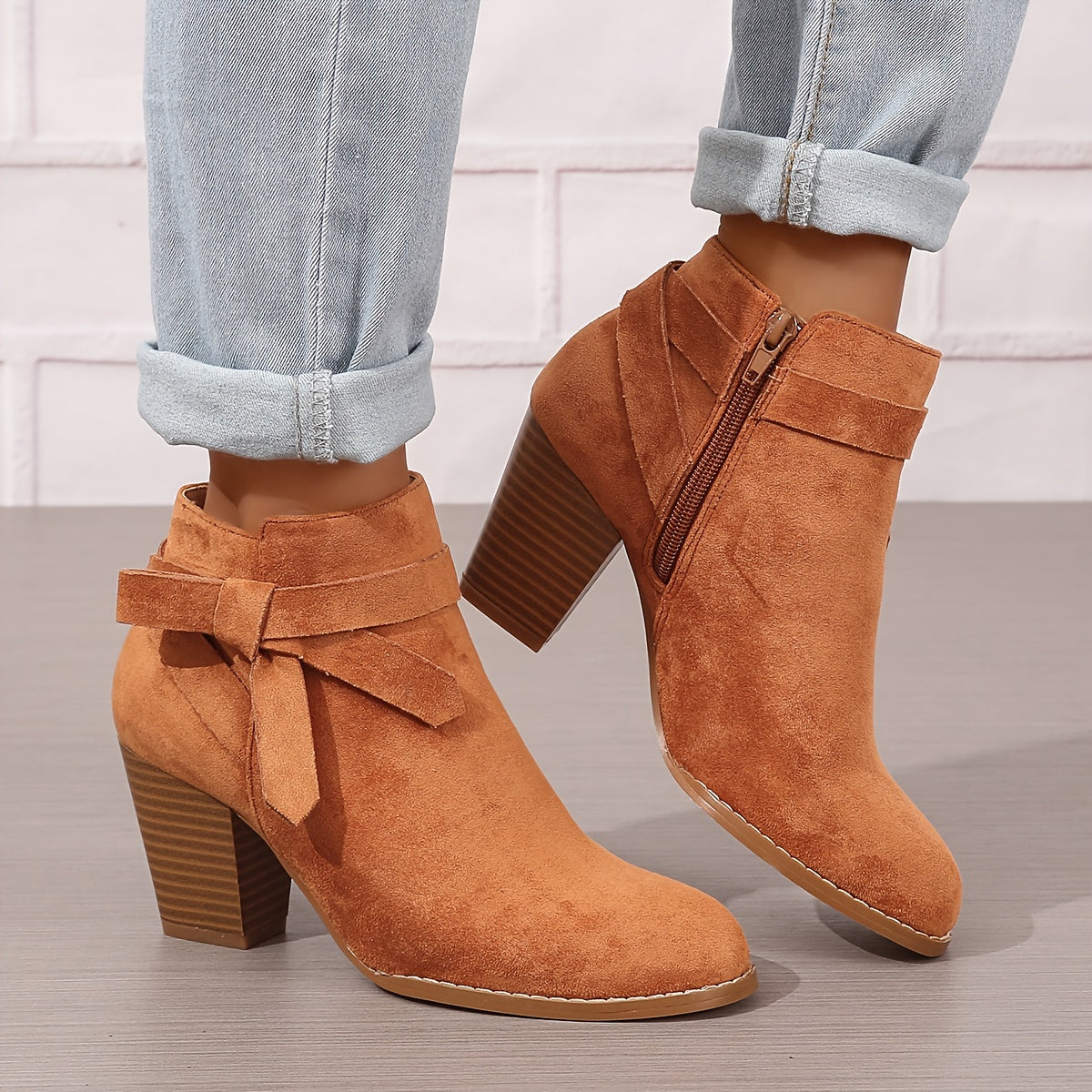 Women's Pointed Toe Ankle Boots with Rear Bow and Block Heel, view 4