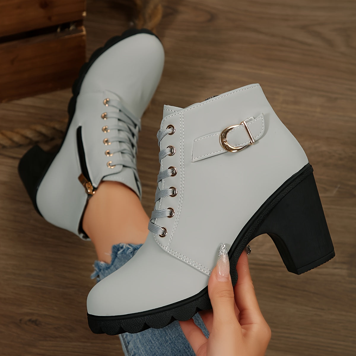 Women's Lace-Up Side-Zip Ankle Boots with Metallic Hardware, view 5