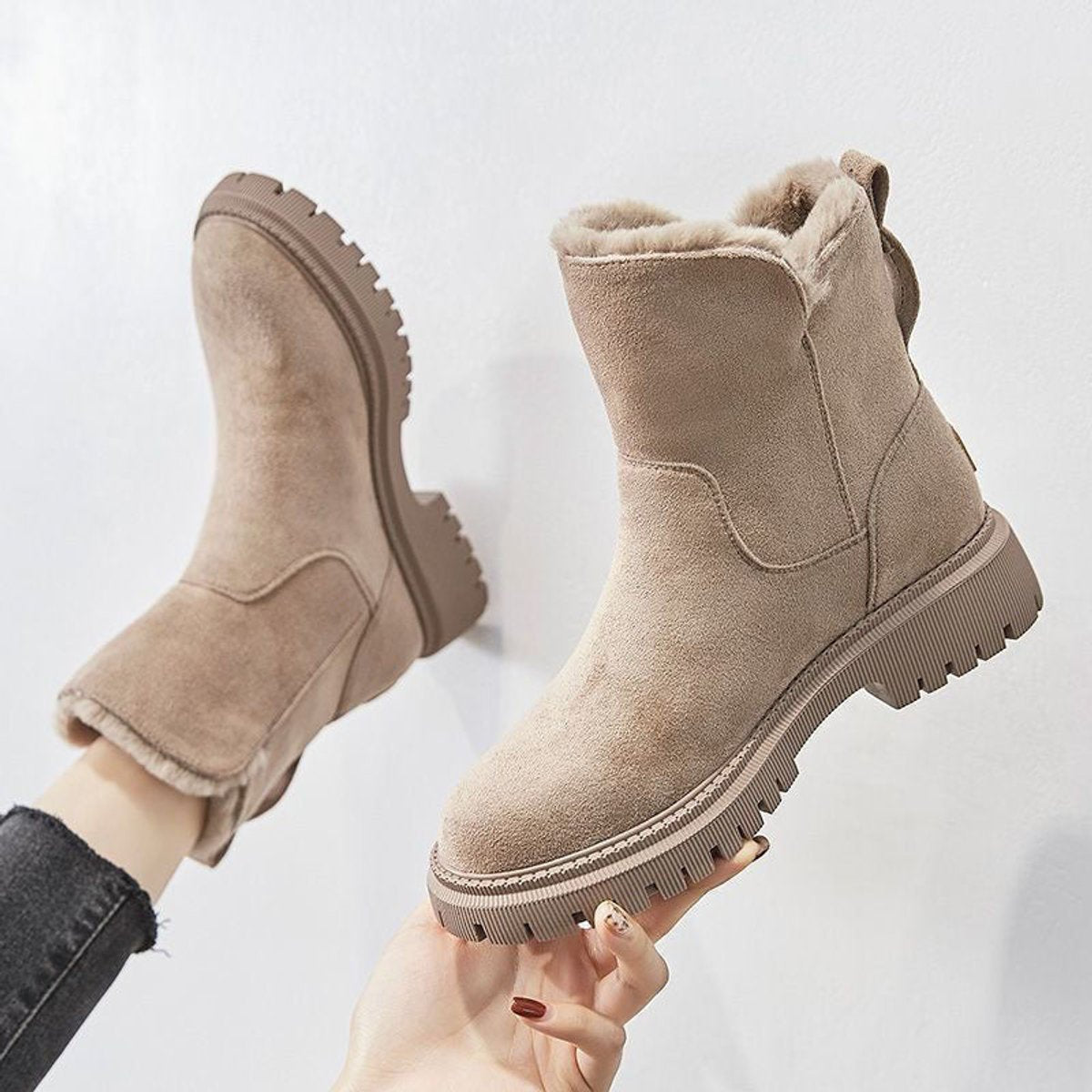 Women's Fleece-Lined Suede Slip-On Winter Ankle Boots in Beige