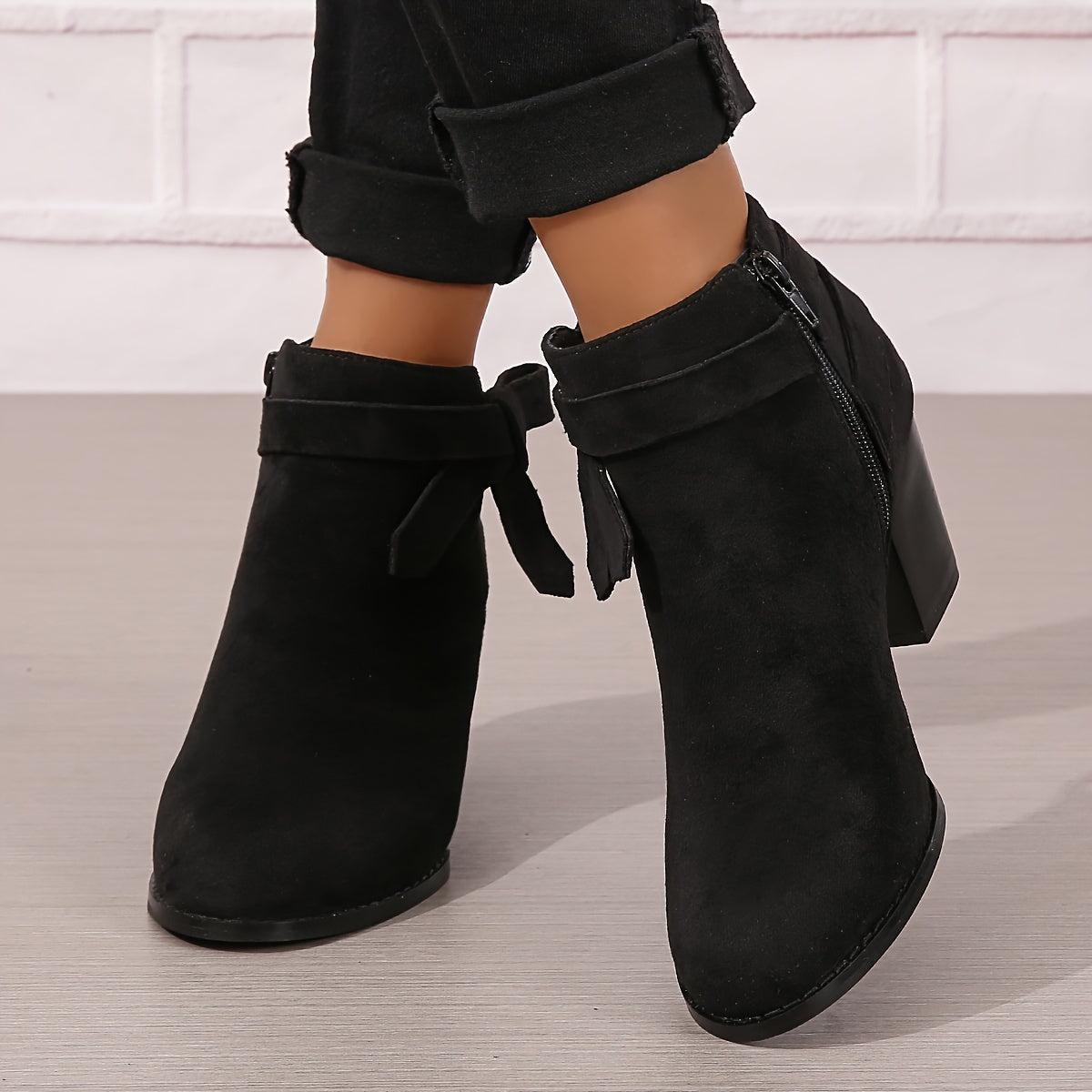 Women's Pointed Toe Ankle Boots with Rear Bow and Block Heel in Black