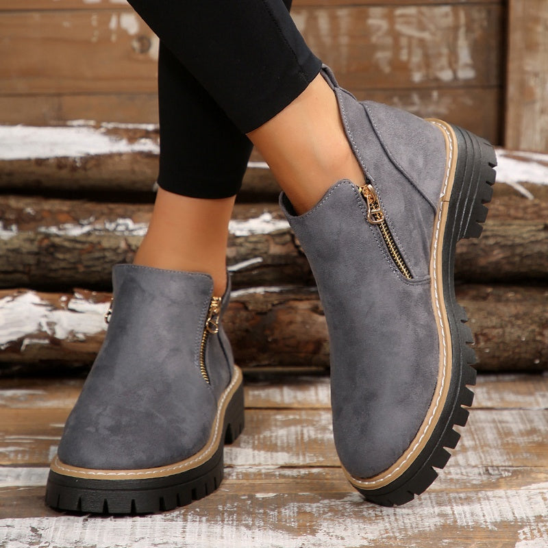 Women's Suede-Style Chunky Lug Platform Ankle Boots with Side Zip in Gray