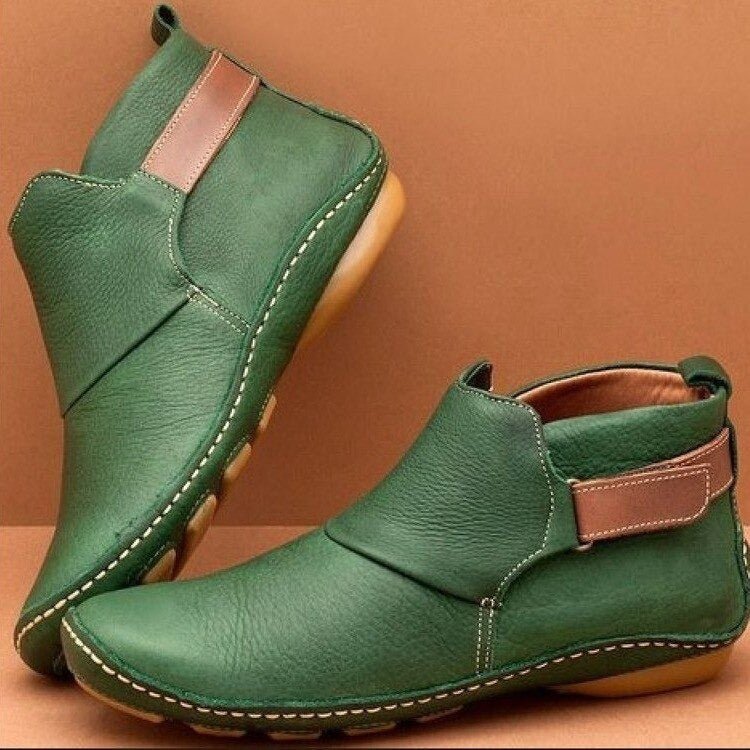Women's Handstitched Leather Flat Ankle Boots with Adjustable Strap in Dark Green