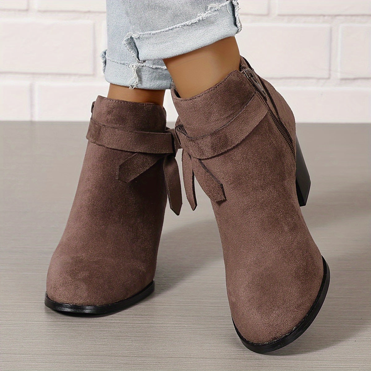 Women's Pointed Toe Ankle Boots with Rear Bow and Block Heel, view 10