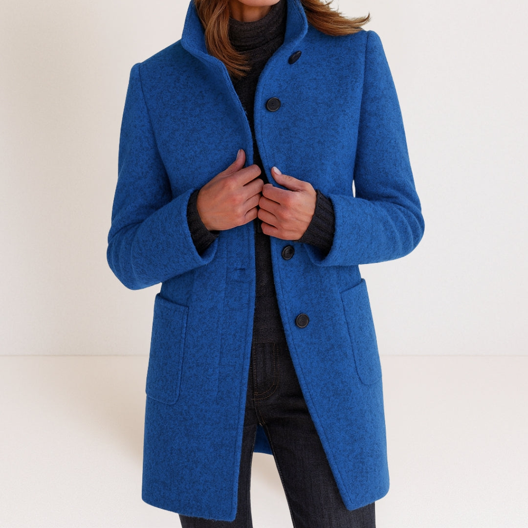 Women's Wool-Blend Stand-Collar Coat with Pockets in Blue