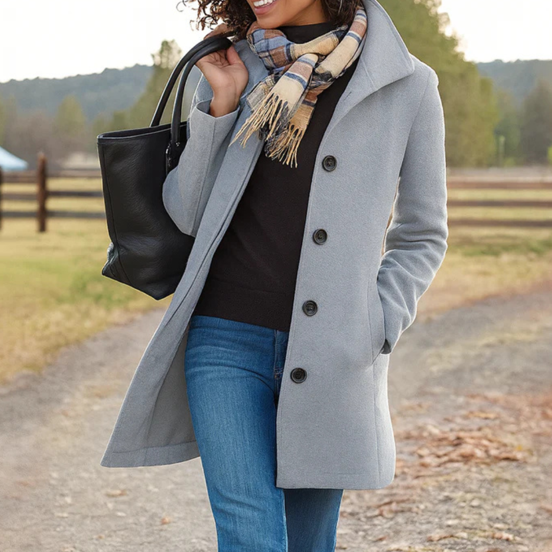 Women's Long Winter Coat, Button Front Straight Overcoat Outerwear