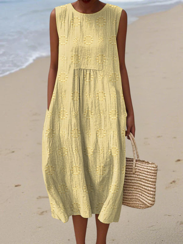 Women's Floral Embroidered Relaxed Midi Dress in Yellow