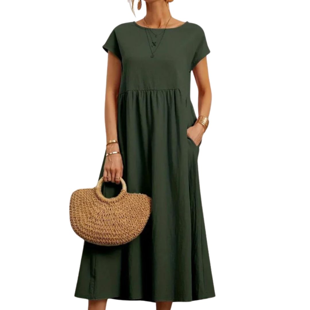 Women's Cotton Relaxed-Fit Pull-On Midi Dress in Green