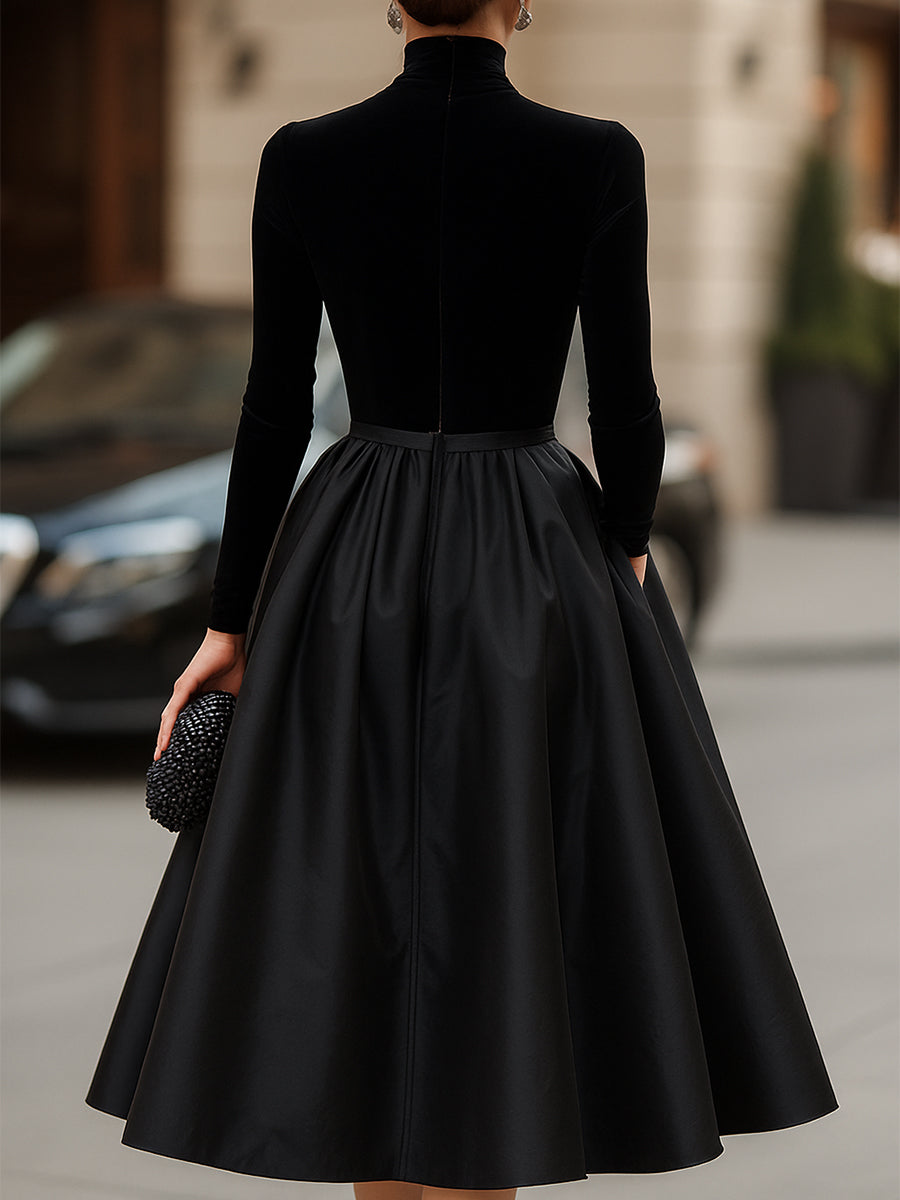 Women's Black Velvet and Satin Long Sleeve Midi Dress, view 3