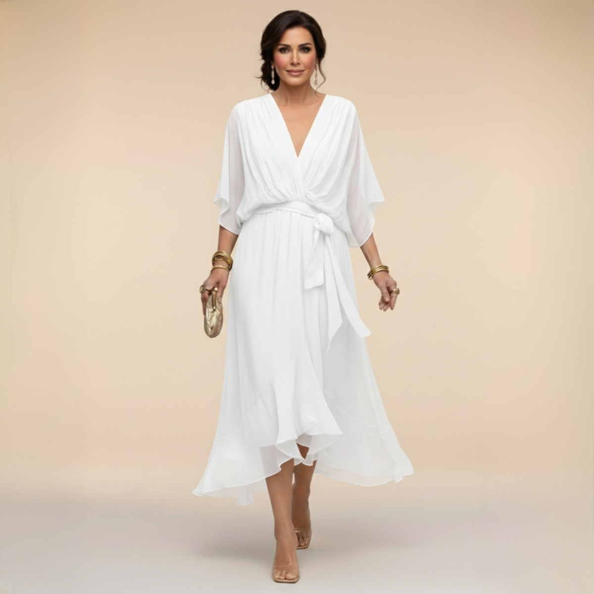 Women's Lightweight Chiffon V-Neck Midi Dress in White