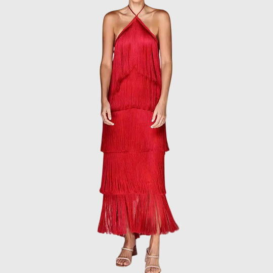 Women's Halter Tassel Party Dress with Open Back, view 2