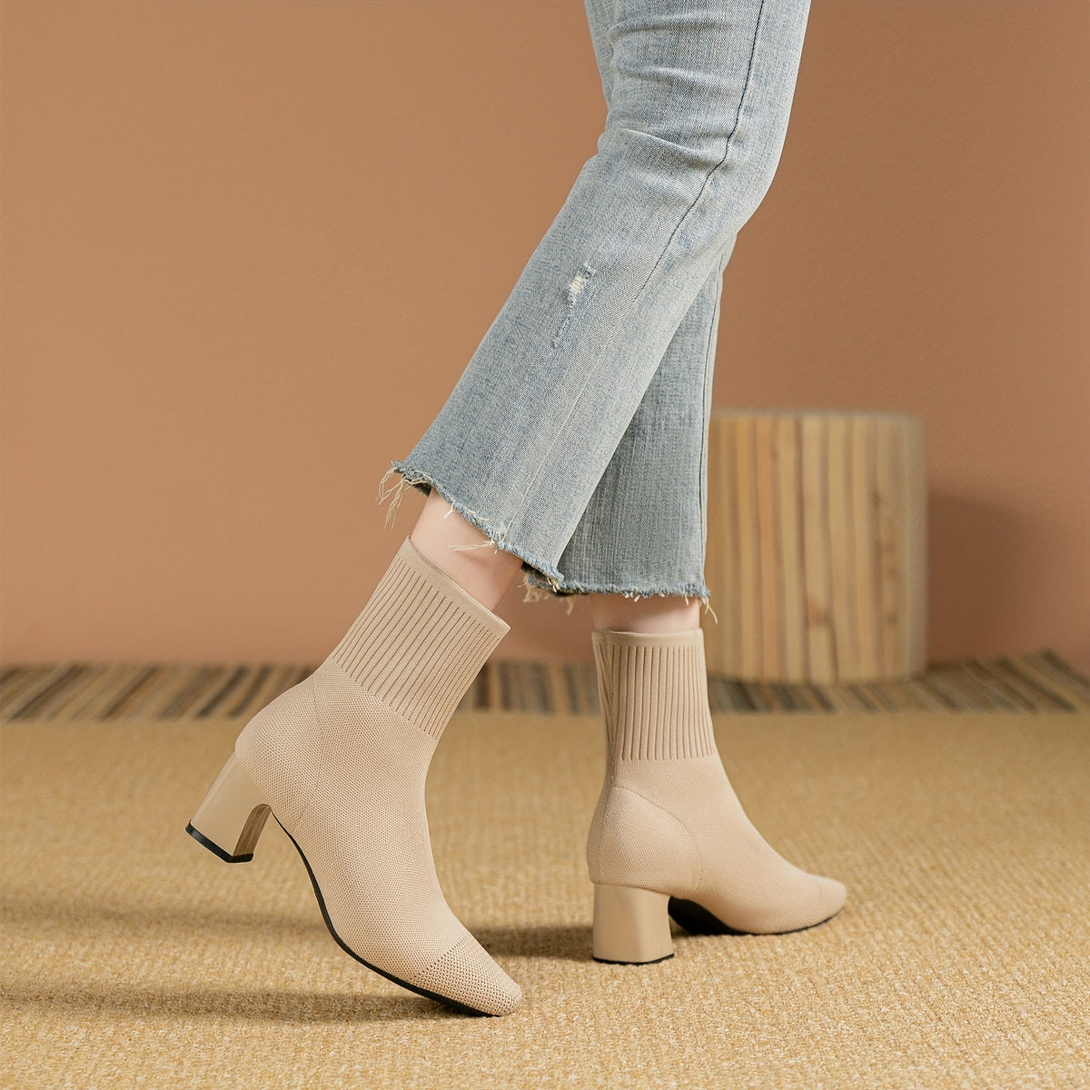 Women's Stretch Knit Sock Ankle Boots with Square Toe and Block Heel, view 8
