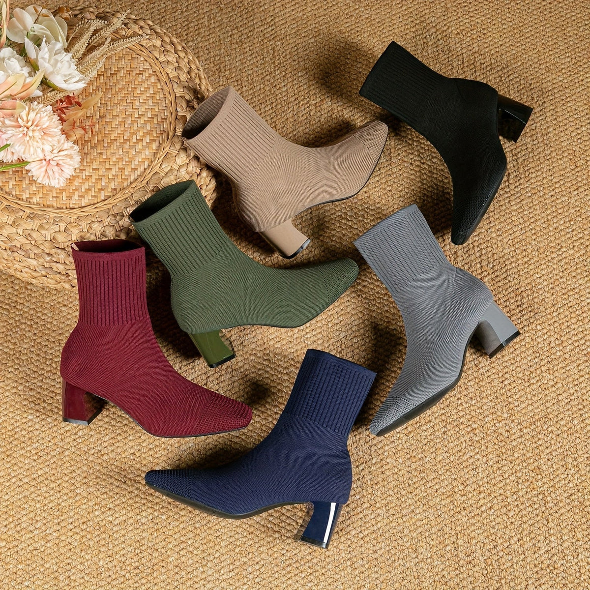 Women's Stretch Knit Sock Ankle Boots with Square Toe and Block Heel, view 2