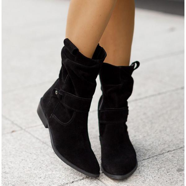 Women's Suede Fold-Over Cuff Slouch Ankle Boots with Low Block Heel in Black