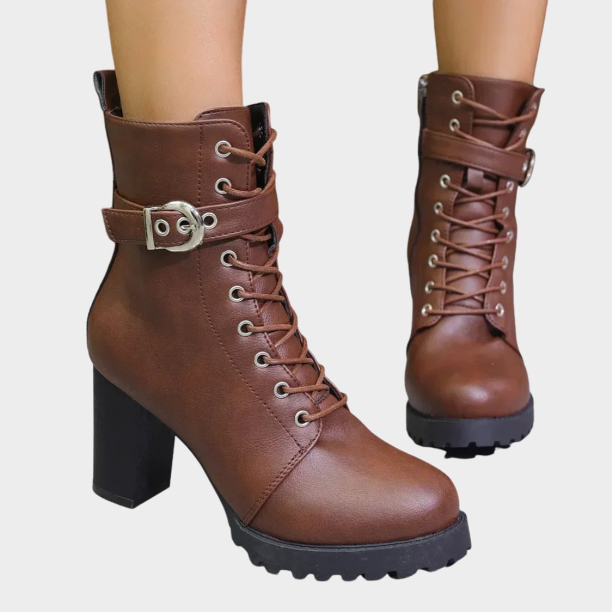 Women's Lug Sole Combat Ankle Boots with Metal Eyelets and Side Buckle in Brown