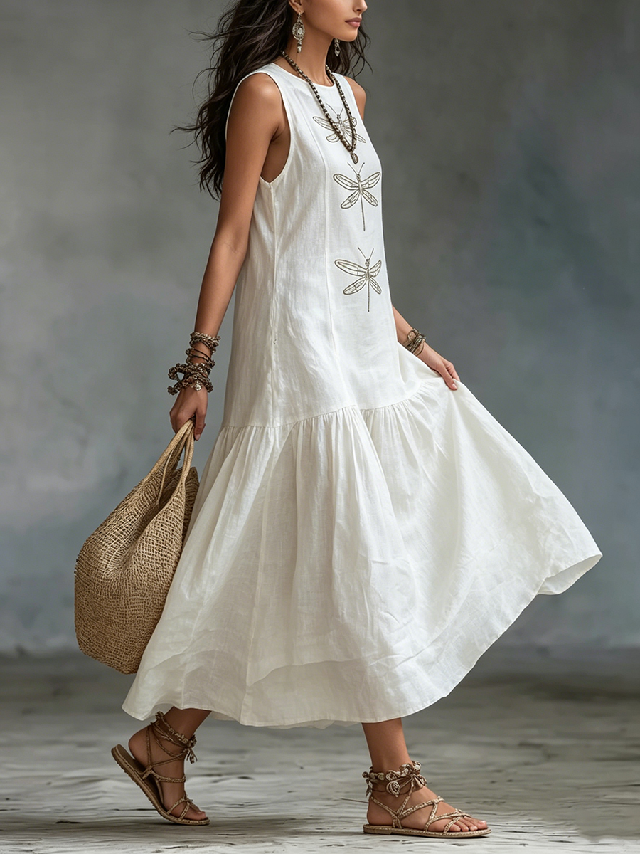 Women's Sleeveless Cotton-Linen Maxi Dress with Dragonfly Embroidery, view 4
