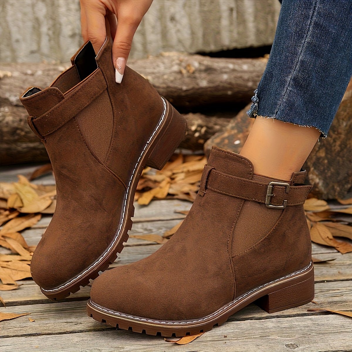Women's Western Buckle Pull-On Ankle Boots with Lug Sole