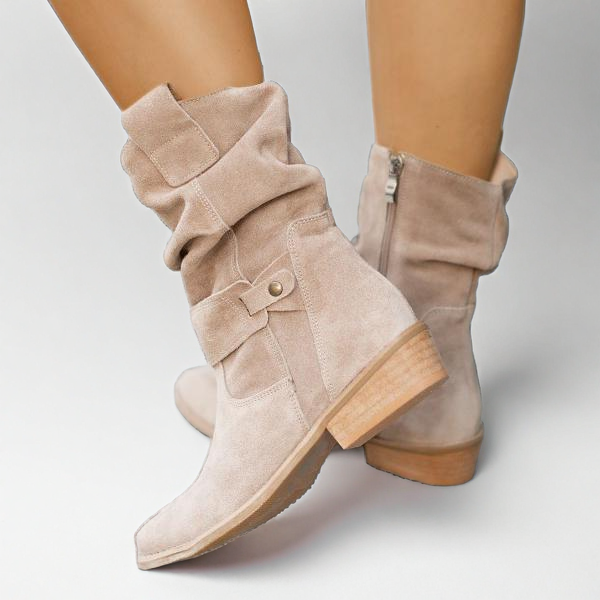Women's Suede Fold-Over Cuff Slouch Ankle Boots with Low Block Heel