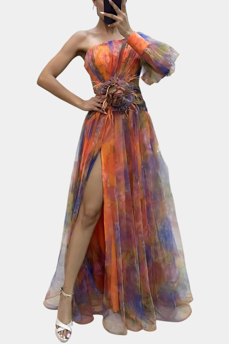 Women's One-Shoulder Maxi Gown with Draped Slit and Floral Applique, view 4