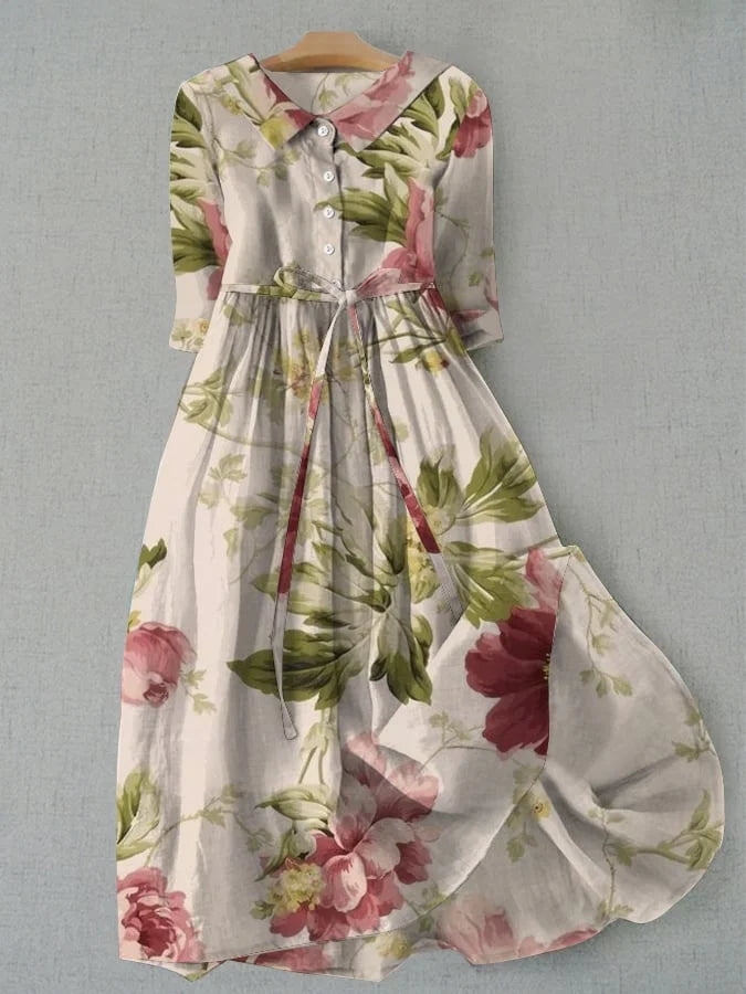 Greer Floral Cotton Linen Midi Dress with Lace-Up Waist