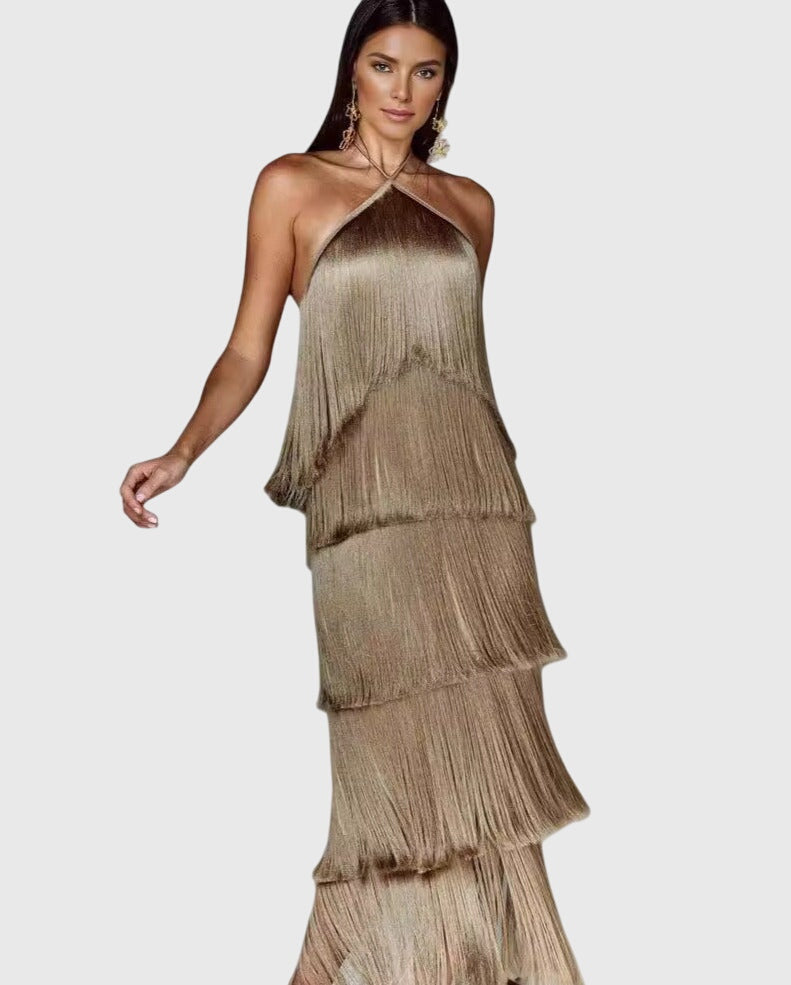 Women's Halter Tassel Party Dress with Open Back, view 4