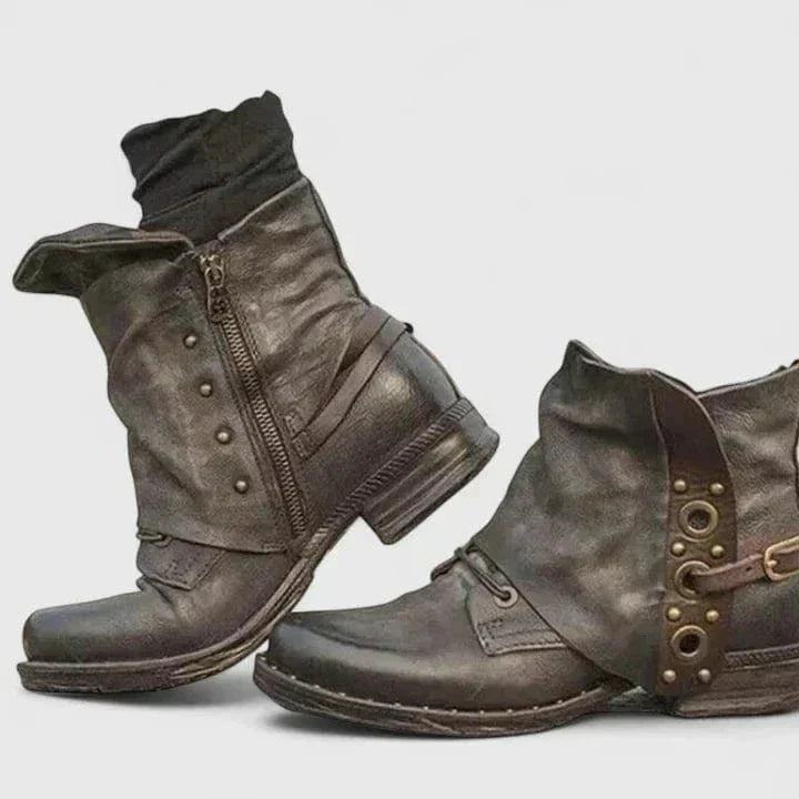 Women's Distressed Vintage Buckle Strap Ankle Boots with Rivets, view 3