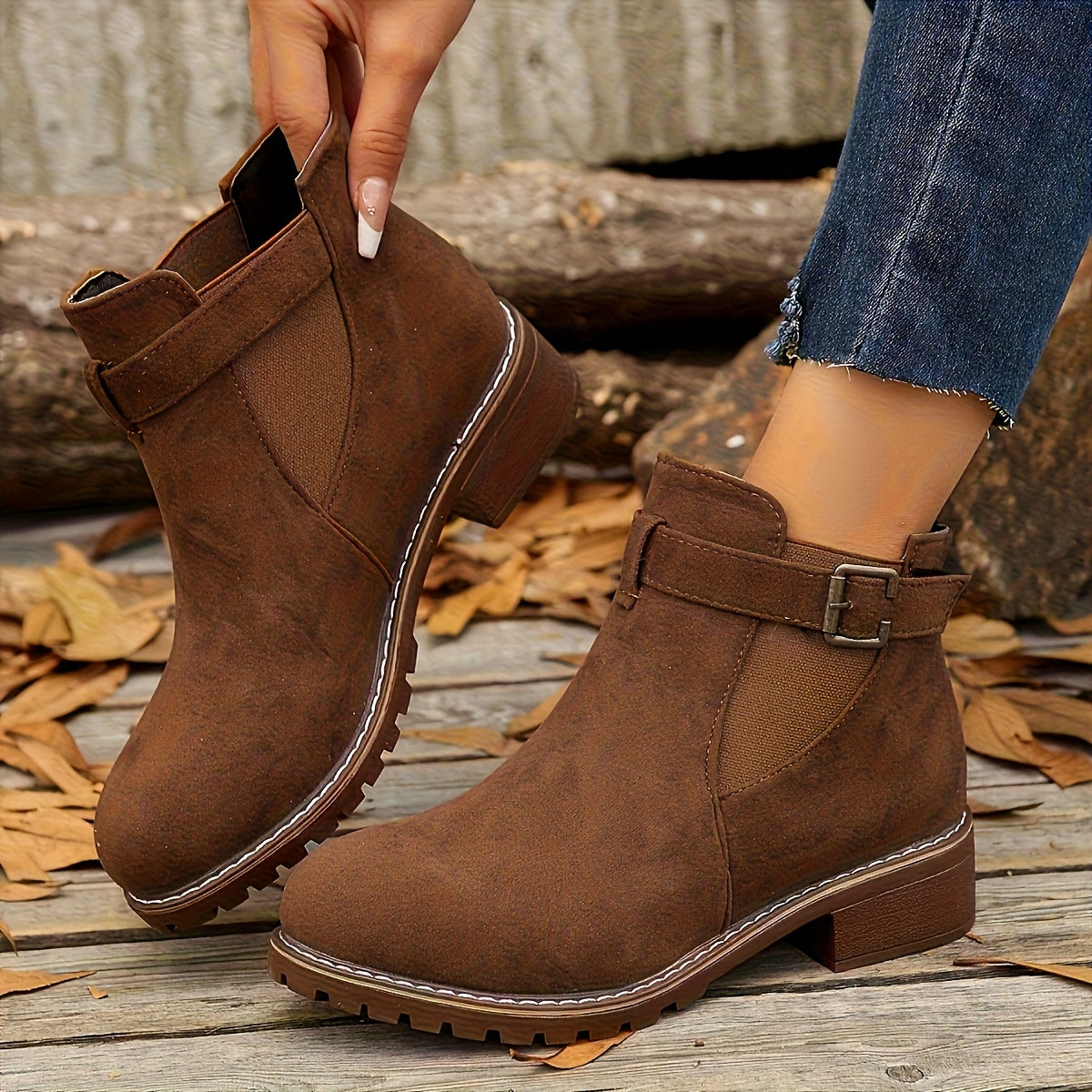 Women's Lug Sole Chelsea Ankle Boots with Buckle Strap, view 12