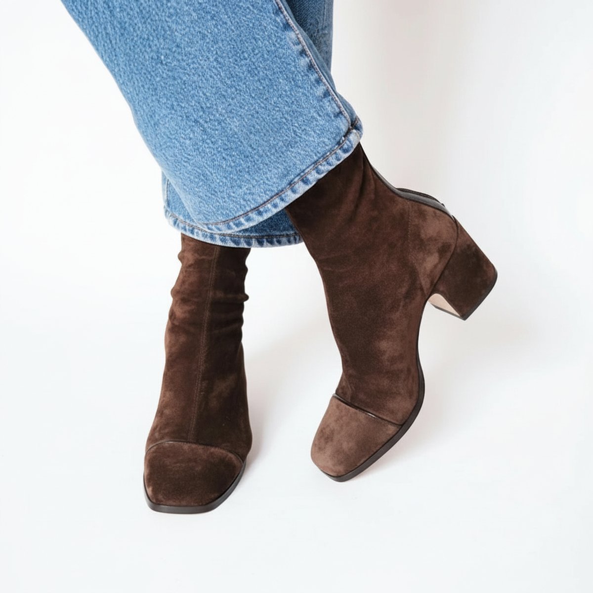 Women's Dark Brown Suede Square Toe Block Heel Ankle Boots