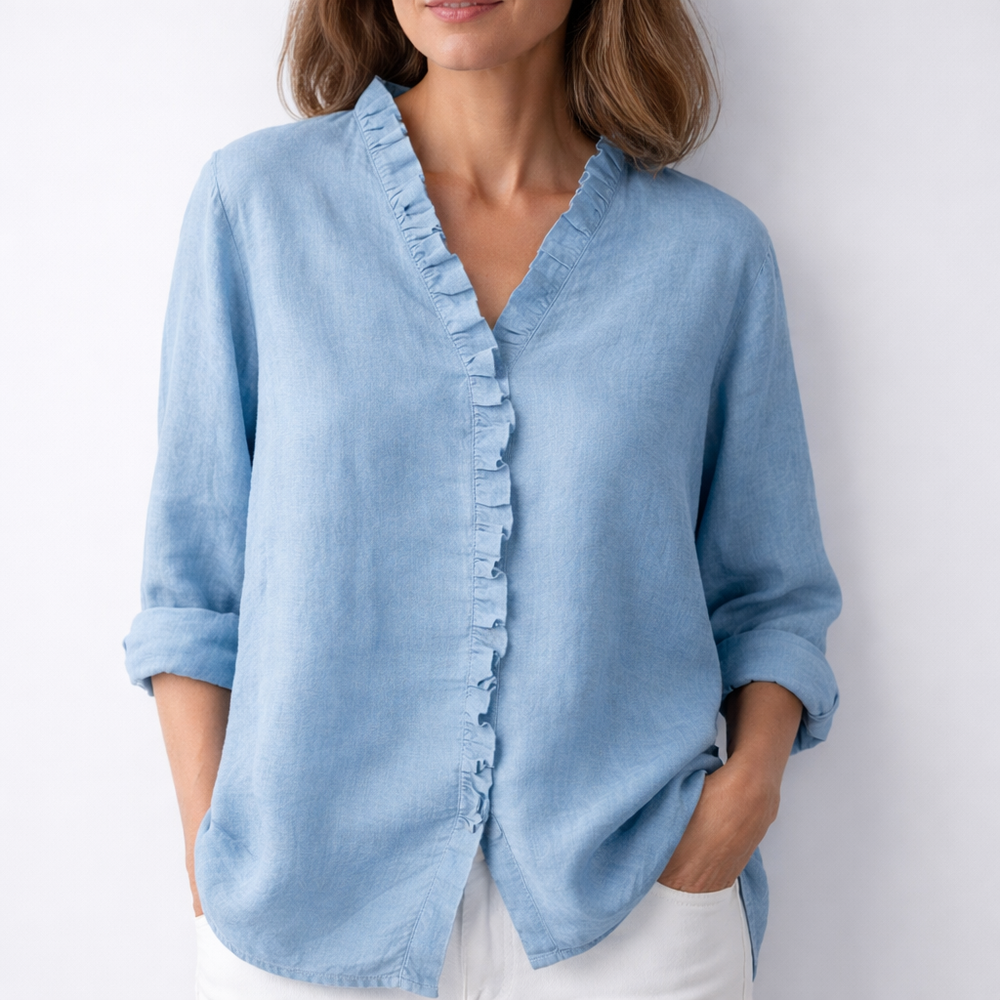 Women's Cotton-Linen Ruffled V-Neck Shirt with Hi-Low Hem, view 2