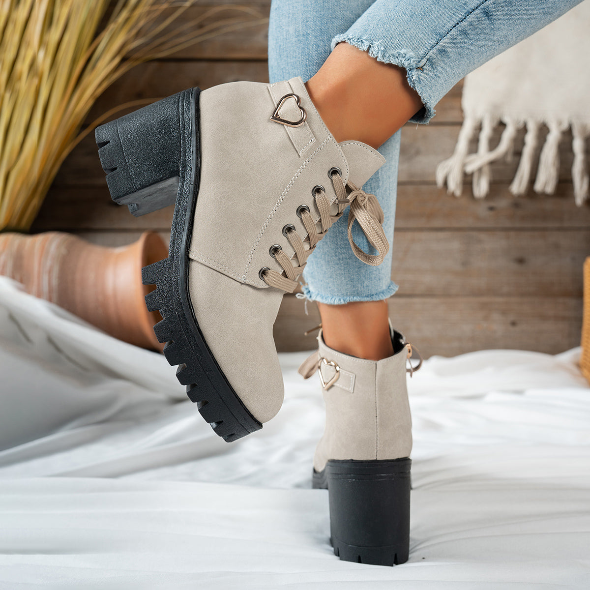 Women's Lace-Up Block Heel Ankle Boots with Heart Hardware, view 7