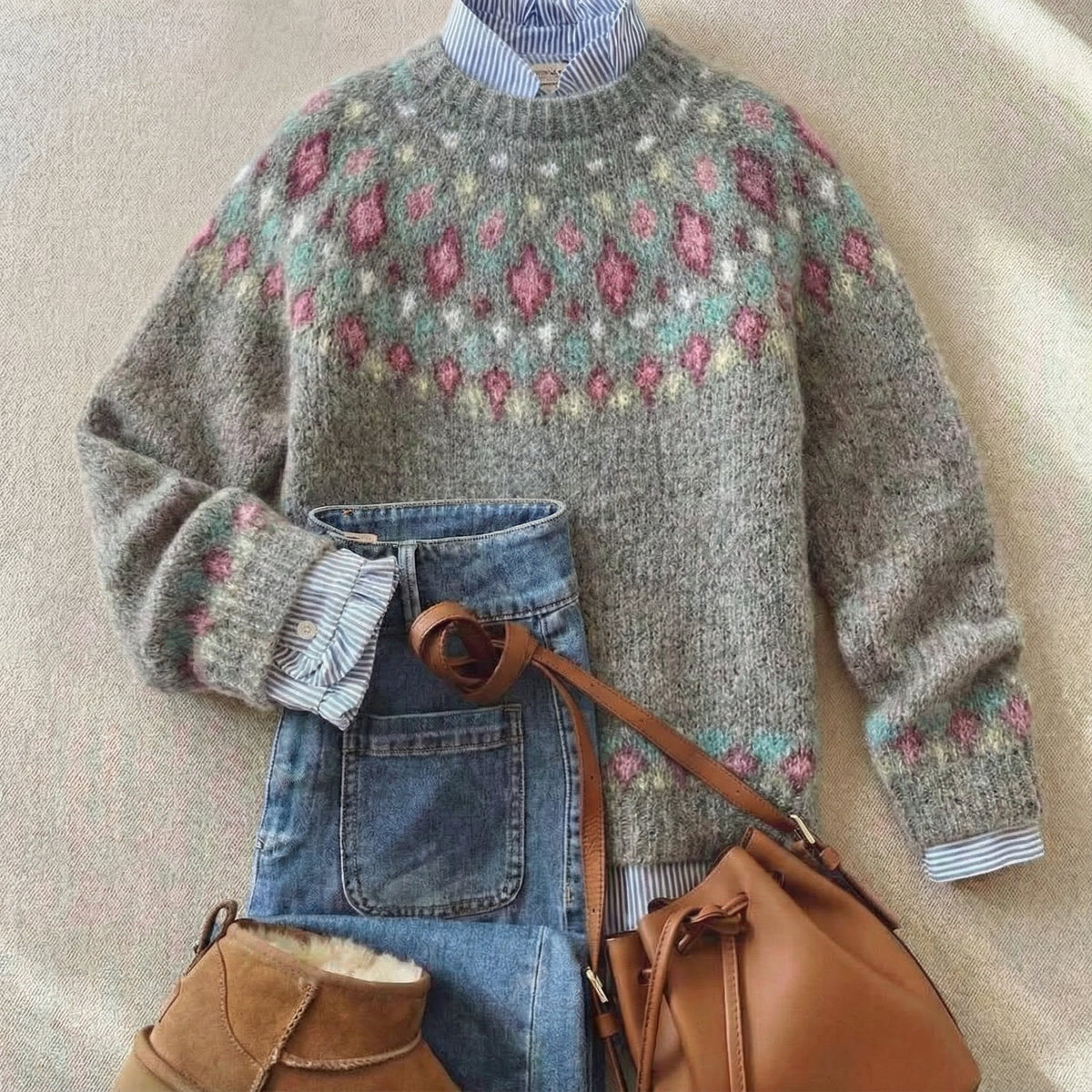 Women's Fair Isle Yoke Crew Neck Sweater in Soft Gray Pastel