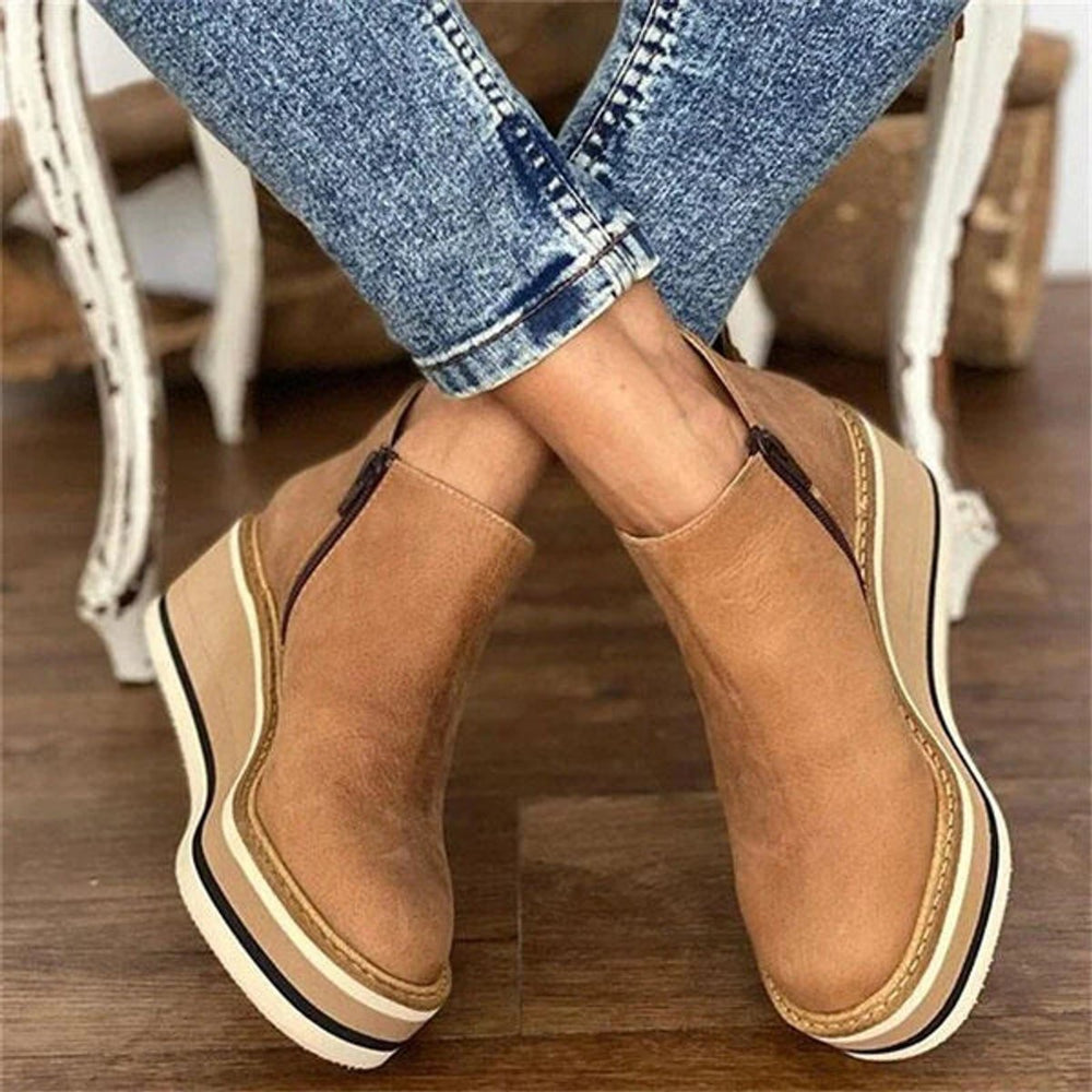 Women's Wedge Platform Zip-Up Ankle Boots with Rounded Toe, view 2