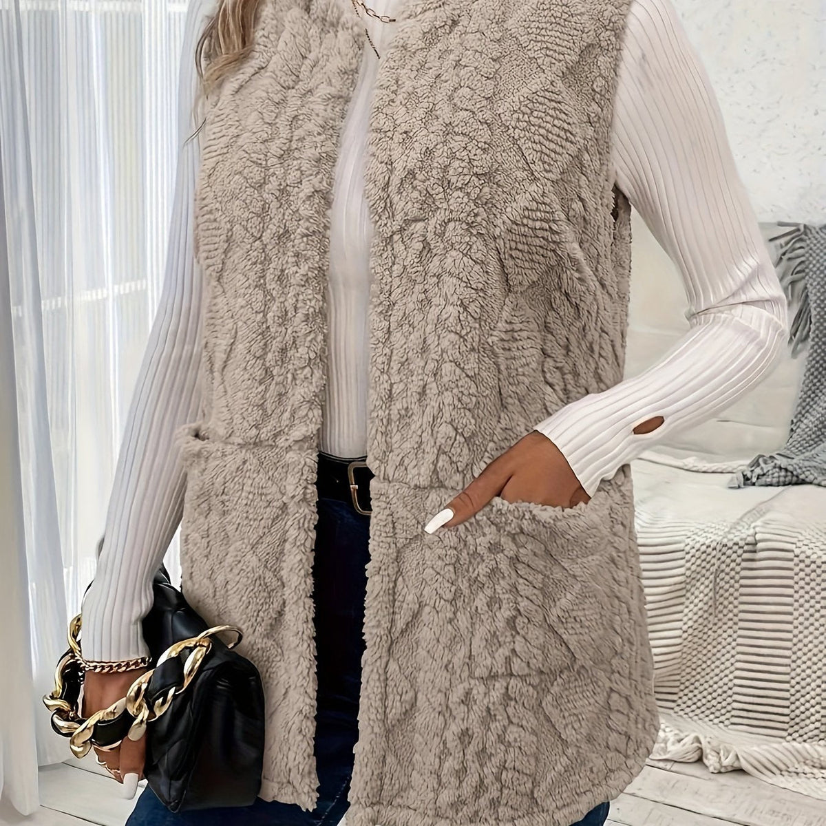 Women's Textured Knit Open-Front Sleeveless Vest
