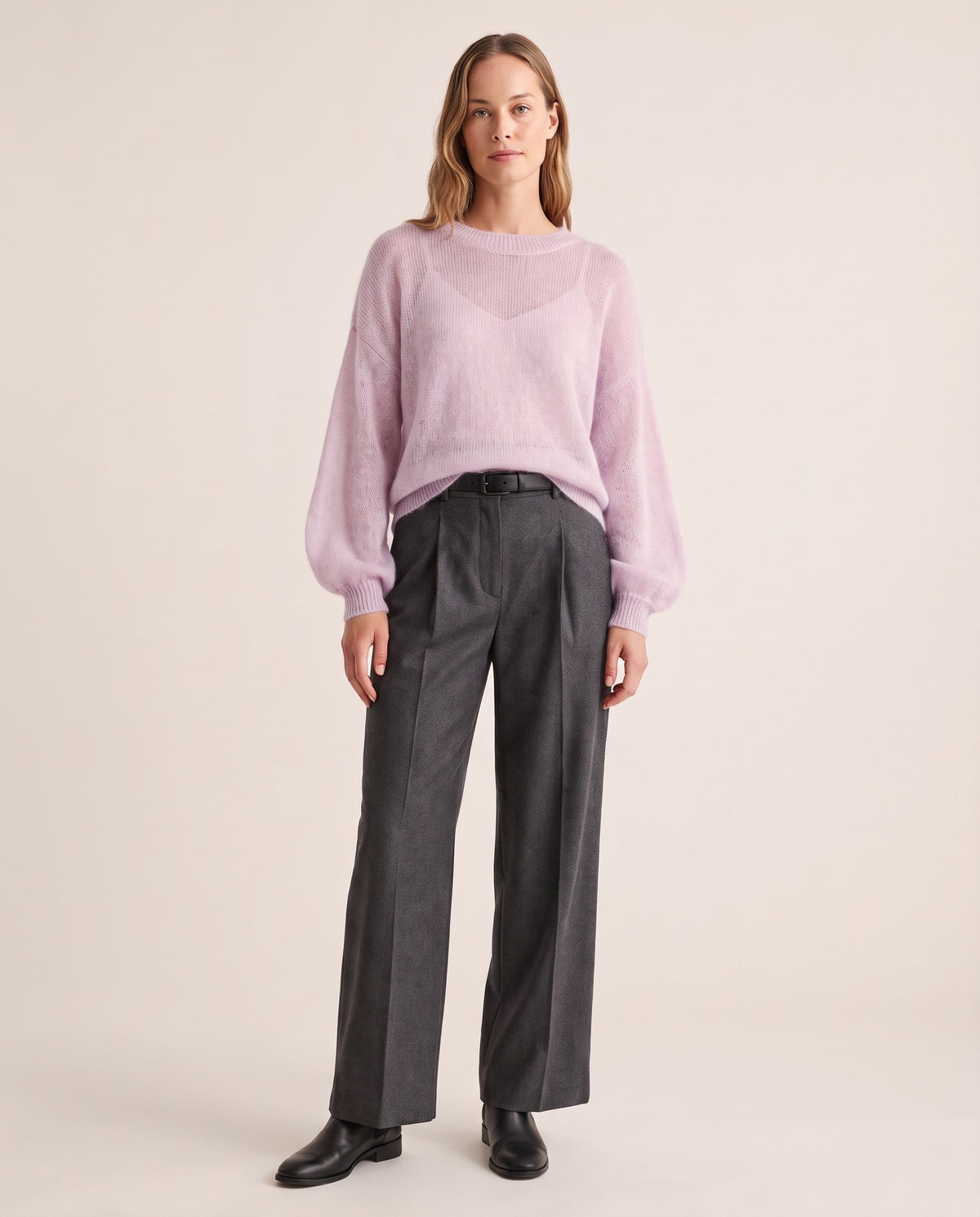 Women's Cashmere Silk Sweater — cloud frost pink, studio front