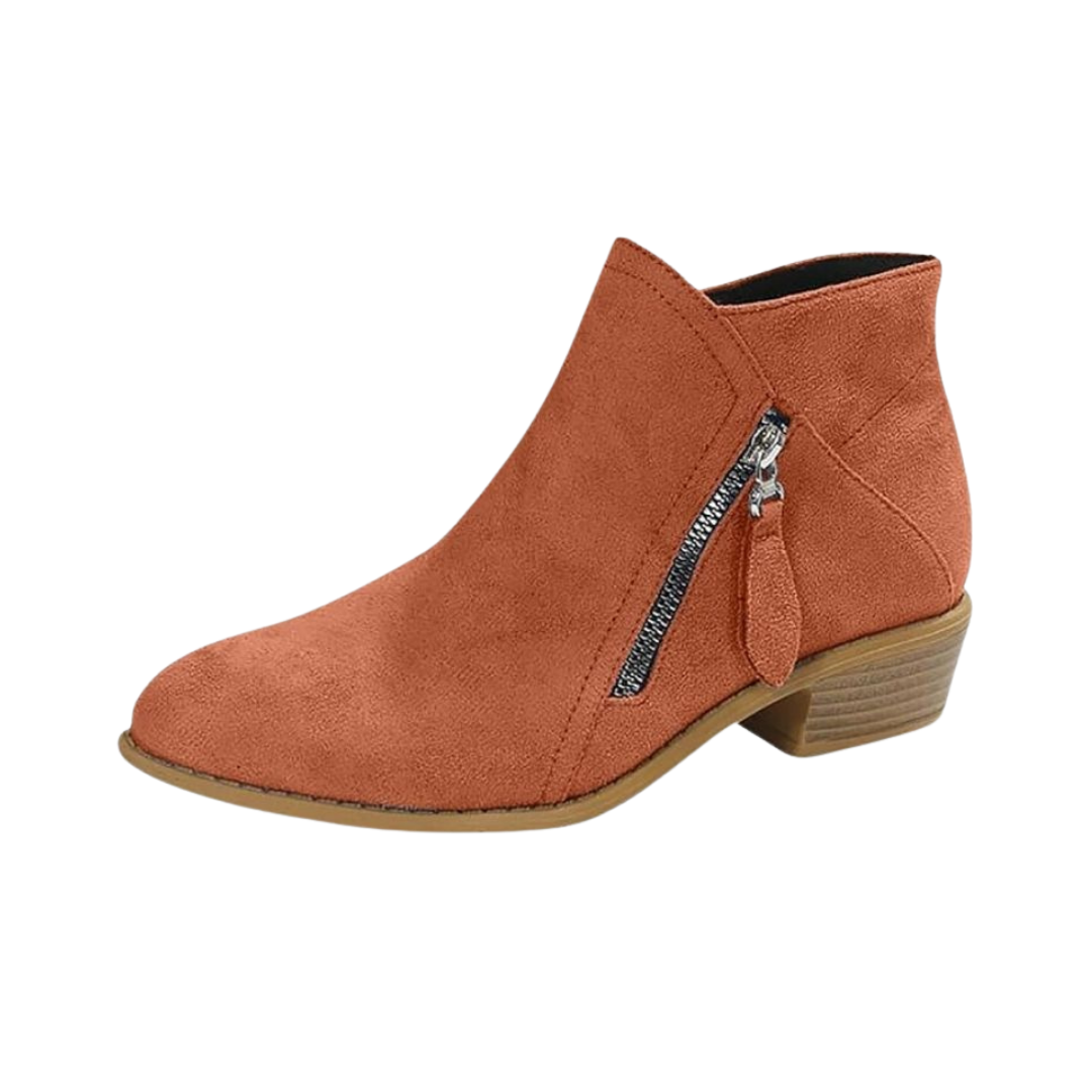 Women's Suede-Style Low Block Heel Ankle Boots with Tassel Zip Pull in Orange