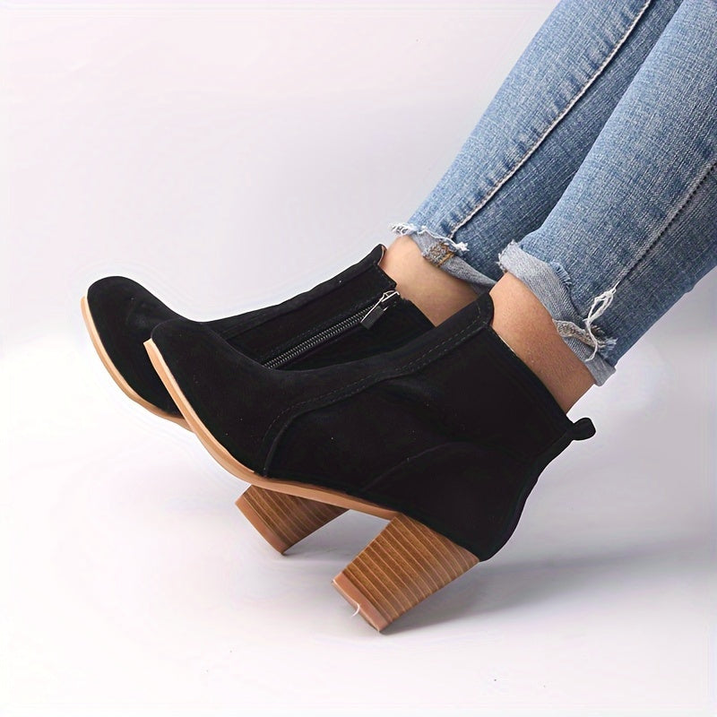 Women's Suede-Look Stacked Block Heel Side-Zip Ankle Boots, view 7
