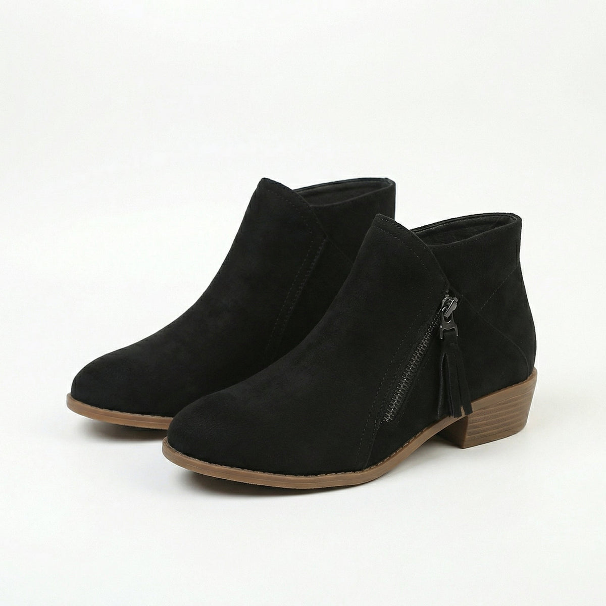 Women's Suede-Style Low Block Heel Ankle Boots with Tassel Zip Pull
