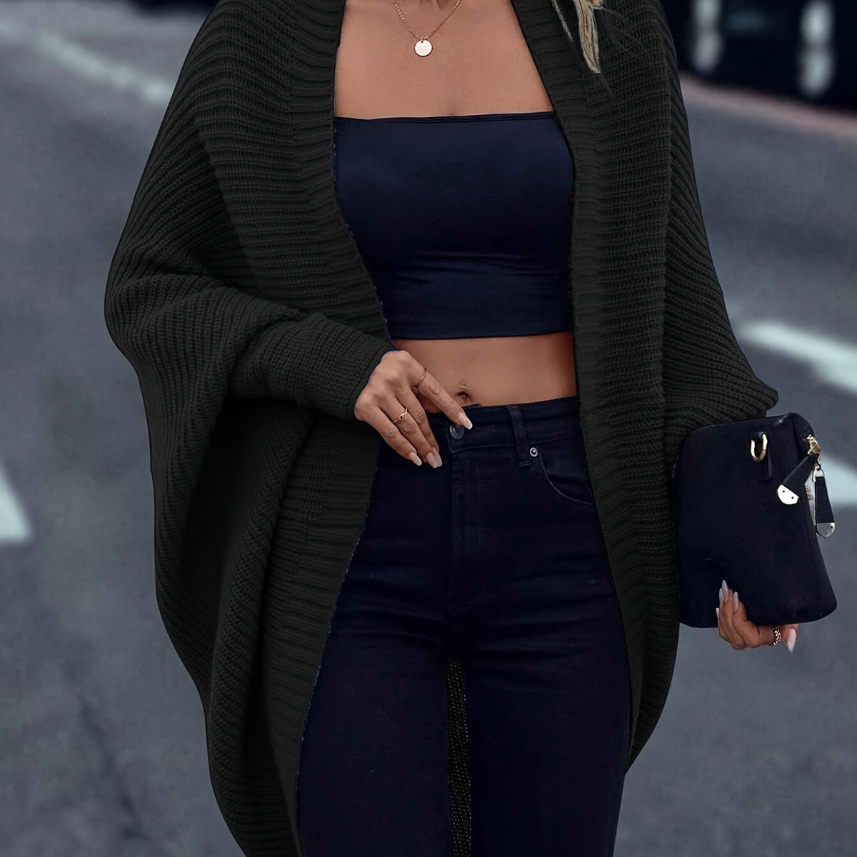 Women's Mid-Length Solid Knit Cardigan in Black