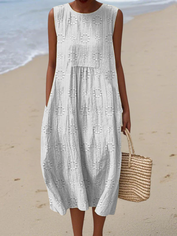 Women's Floral Embroidered Relaxed Midi Dress in White